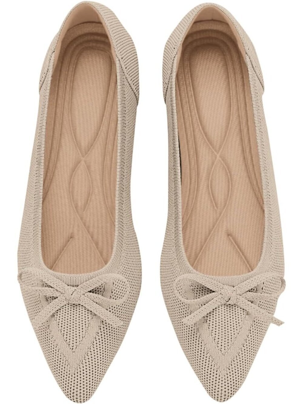 Women's Beige Knit Flats Closed Pointed Toe Bow Knit Ballet Comfortable Shoes